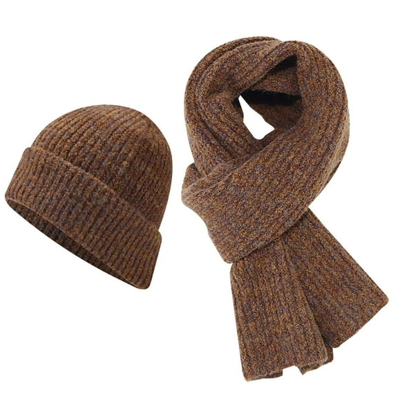 Glisme Hat Scarf Set Women'S Winter Warm Solid Color Woolen Knitted Hat And Scarf 2 Piece Set For Cycling Skiing Brown