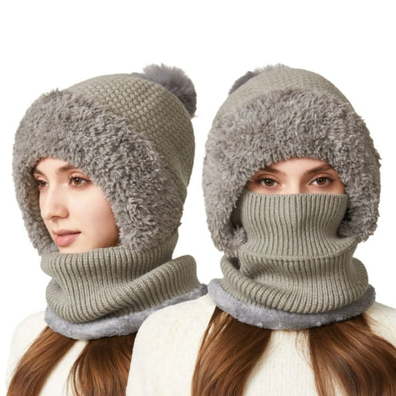 Glisme Hat Scarf Set Women Winter Warm Thermal Lined Scarf Hat For Cold Resistant For Cycling Skiing Grey