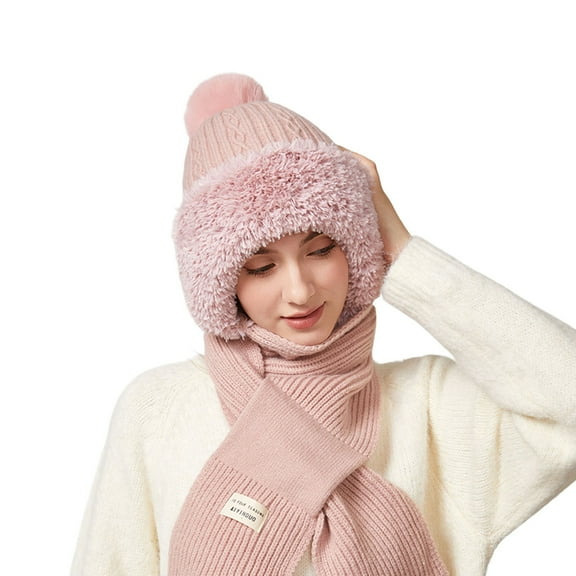 Glisme Hat Scarf Set Women Winter Warmth Knitted Scarf Hat For Thermal Lined Ear Protection Hat For Outdoor Activities Pink