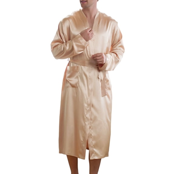 Glisme Homewear For Men One Piece Solid Color Long Sleeve Bathrobe Summer Lightweight Cozy Men Pajamas Size L Beige