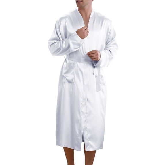 Glisme Homewear For Men One Piece Solid Color Long Sleeve Bathrobe Summer Lightweight Cozy Men Pajamas Size L White