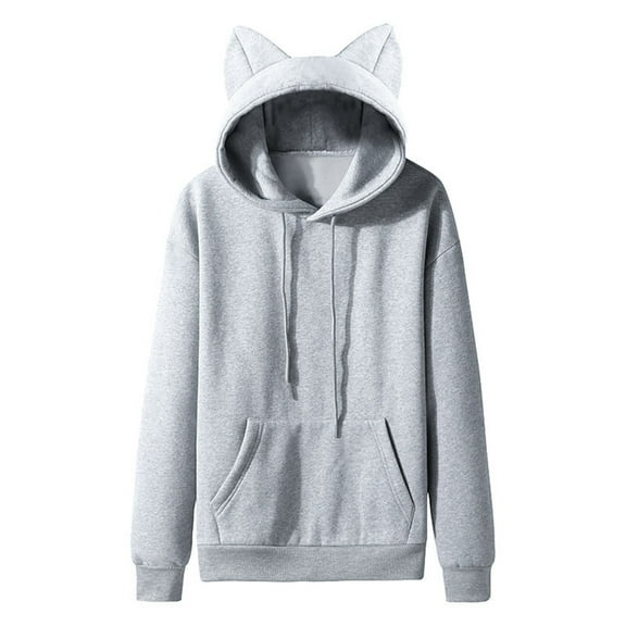 Glisme Hoodie For Men Autumn Winter Cat Ear Warm Couple Solid Color Hooded Sweatshirt Loose Streetwear Grey