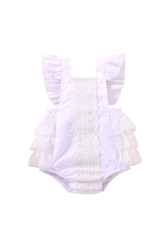 Onesies Girl Sleeveless Bodysuit Ruffled Romper Lace Romper Crewneck Solid Color Jumpsuit Lovely Playsuit 9-12 Months White