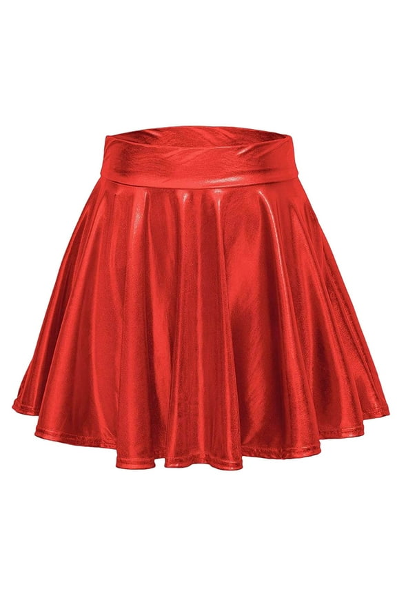 Leather Skirts For Women Metallic Skater Skirt Sparkly Shiny Flared Pleated A Line Mini Skort Novel Party Dress Red