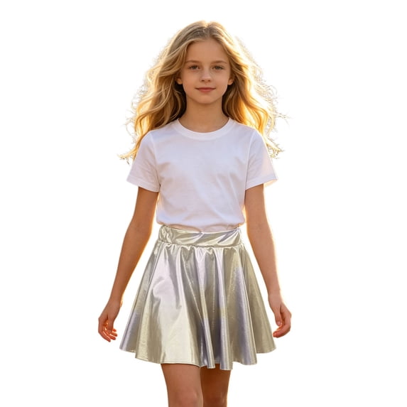 Glisme Little Girls Back To School Skirts Shiny Solid Color Elastic Waist Dance Breathable Pleated Skirt For Girls Size XS