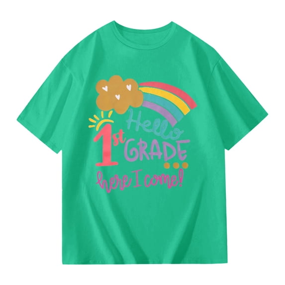 Glisme Little Girls Back To School T-Shirt Letter Print Short Sleeve Crew Neck Fall Quick Dry Girls Tees Size 5-6 Years Green