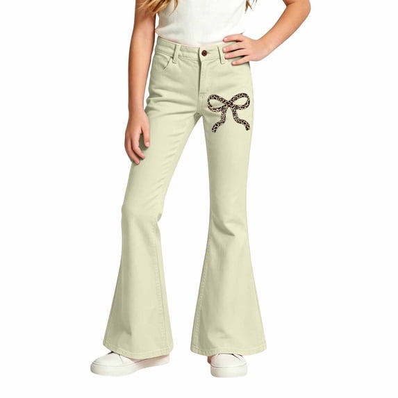 Glisme Little Girls Flared Pants Bowknot Graphic Slim Fit High Waisted Fall Casual Girls Pants Size 5-6 Y