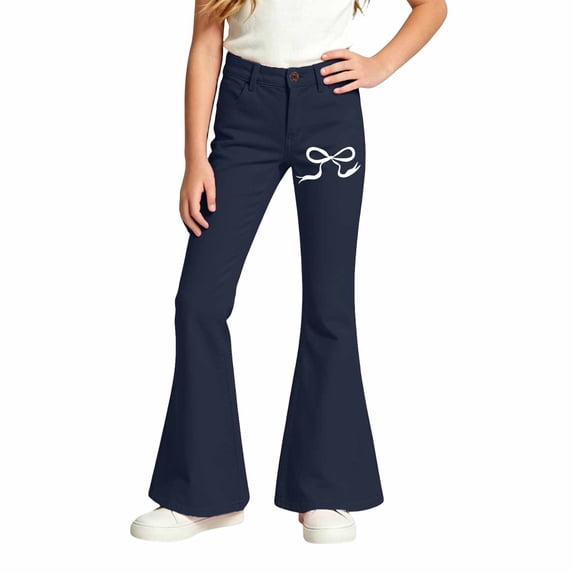 Glisme Little Girls Flared Pants Bowknot Graphic Slim Fit High Waisted Fall Casual Girls Pants Size 5-6 Y