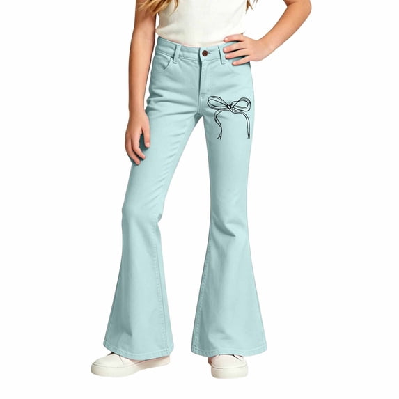 Glisme Little Girls Flared Pants Bowknot Graphic Slim Fit High Waisted Fall Casual Girls Trousers Size 5-6 Y