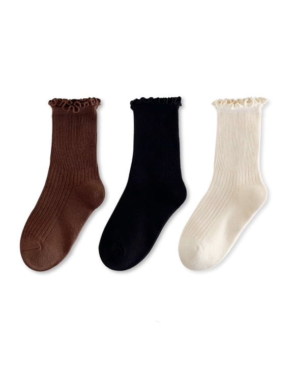 Little Girls Scalloped Ruffle Mid‑Calf Socks Stretch Ribbed Knit Socks For Shoe Pairing