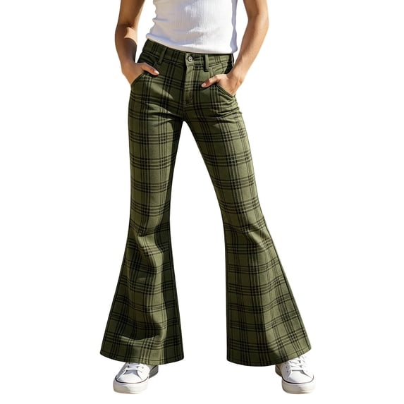 Glisme Little Girls Trousers Plaid Zip Front With Pockets Autumn Loose Fit Girls Flare Leg Pants Size 5-6 Years
