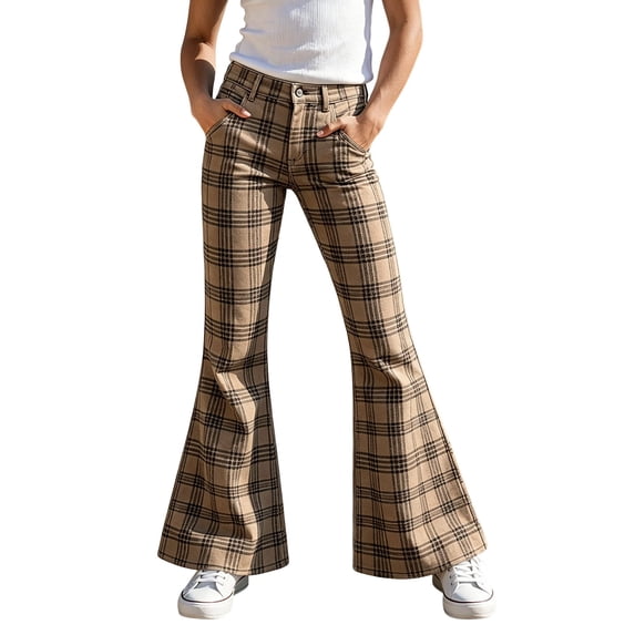 Glisme Little Girls Trousers Plaid Zip Front With Pockets Autumn Loose Fit Girls Flare Leg Pants Size 5-6 Years