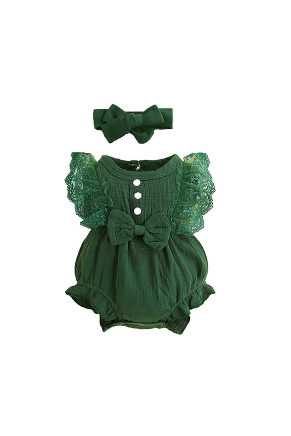 Long Sleeve Onesies Girl Baby Lace Romper Sleeveless Ruffle Bow Decorated Romper Jumpsuit Bodysuit With Headband Baby Clothes Warm Clothing Size 90 Green