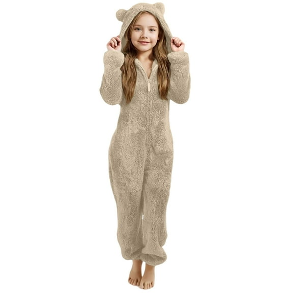 Glisme Long Sleeve Onesies Girl Hooded Pajama Romper With Ears Winter Warm Thermal Sleepwear For Kids Cozy Loungewear Lightweight Playsuit Size 110 Beige