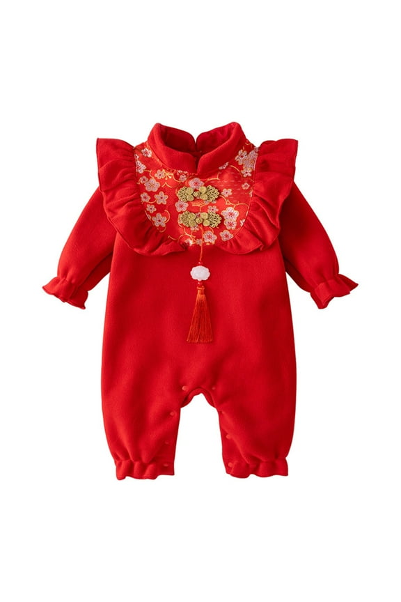 Long Sleeve Onesies Girl Newborn Infant Baby Ruffle Romper For Chinese Year Thermal Lined Warm Jumpsuit Embroidery Tang Suit Performance Basic Wear Size 80 Red