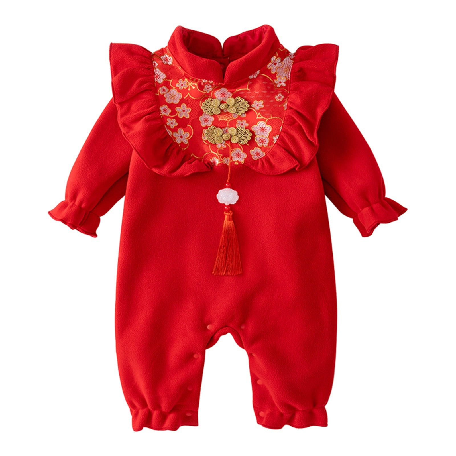 Glisme Long Sleeve Onesies Girl Newborn Ruffle Romper For Chinese Year Thermal Lined Warm Jumpsuit Embroidery Tang Suit Performance Lightweight Playsuit Size 90 Red