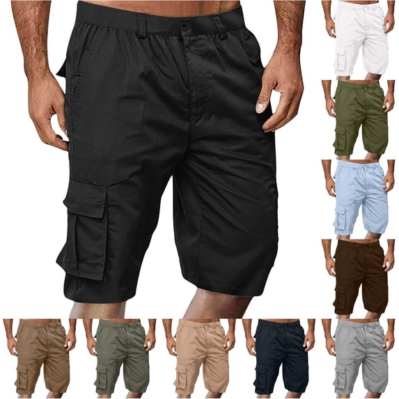 Glisme Men Shorts High Waist Loose Fit Straight Leg Solid Color Cargo Shorts Durable Daily Wear Xl Black