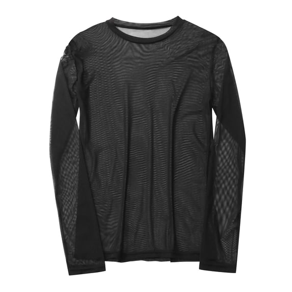 Glisme Men T-Shirt Male Spring And Summer Thin Round Neck See Through Mesh Long Sleeve T Shirt Leisure Spring Summer Tee Black