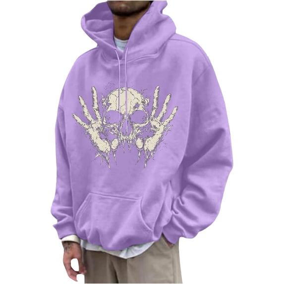 Glisme Men's Halloween Hoodies Simple Skull Print Long Sleeve Autumn Daily Tops Men Comfortable Sweatshirts Size XL