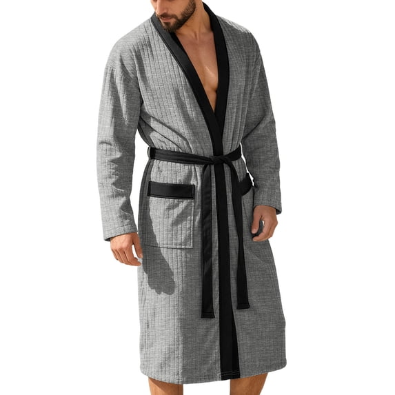 Glisme Men's Loungewear One Piece Solid Color Long Sleeve Bathrobe Summer Lightweight Leisure Homewear For Men Size 2XL Grey