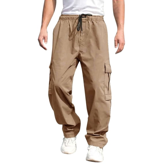Glisme Men's Trousers Solid Color Elastic Waist With Pockets Summer Breathable Men Cargo Pants Size 2XL Khaki