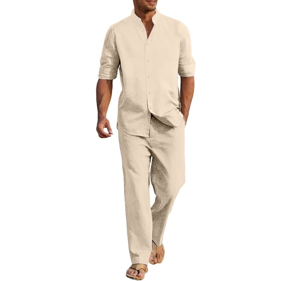 Glisme Mens 2 Piece Sets Summer Outfits Breathable Linen Long Sleeve Shirt With Button And Comfortable Pants For Home Yoga Casual Wear Outdoor Beach Fashion Clothing Set Khaki