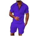 thumbnail image 1 of Glisme Mens 2 Piece Sets Summer Outfits Casual Striped Two Piece Suit Zipper Short Sleeve Top Blouse Suit Drawstring Pocket Short Set Trend Matching Set Purple, 1 of 4