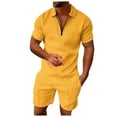 thumbnail image 1 of Glisme Mens 2 Piece Sets Summer Outfits Casual Striped Two Piece Suit Zipper Short Sleeve Top Blouse Suit Drawstring Pocket Short Set Trend Matching Set Yellow, 1 of 2