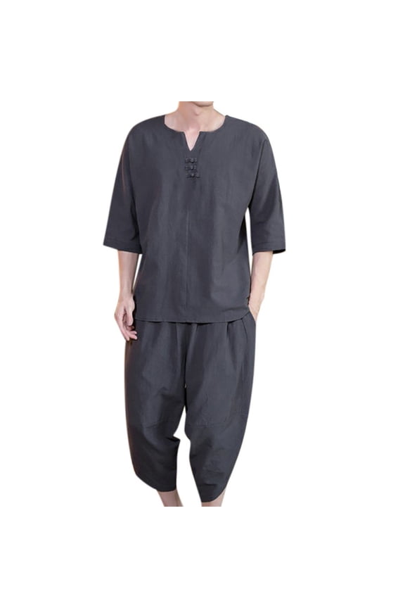 Mens 2 Piece Sets Summer Outfits Fashion Casual Comfortable Cotton-Hemp Short Sleeve Shorts Suit Durable Matching Set Dark Gray