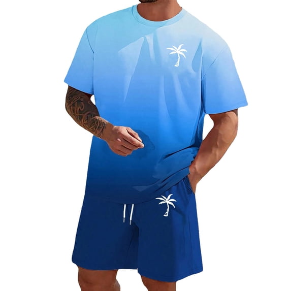 Glisme Mens 2 Piece Sets Summer Outfits Gradient Print Short Sleeve T Shirt And Shorts Comfortable Casual Two Piece Outfit Durable Matching Set Blue