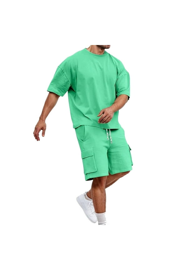 Mens 2 Piece Sets Summer Outfits Hipster Patchwork Tee Shirt And Short Set Sports Tracksuits Trend Matching Set Green