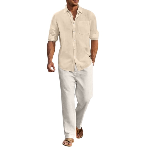 Glisme Mens 2 Piece Sets Summer Outfits Linen Long Sleeve Shirt And Pants Casual Breathable Lightweight Resort Yoga Loungewear Outfit Fashion Clothing Set Khaki