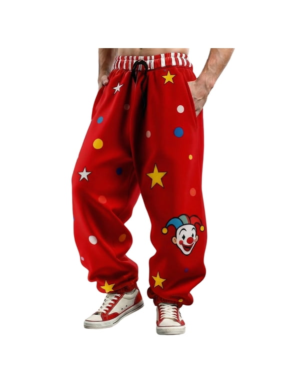 Mens Carnival Pants Elastic Waist Relax Fit Straight Leg Plaid Prints Carnival Trousers Classic Winter Bottoms L Red