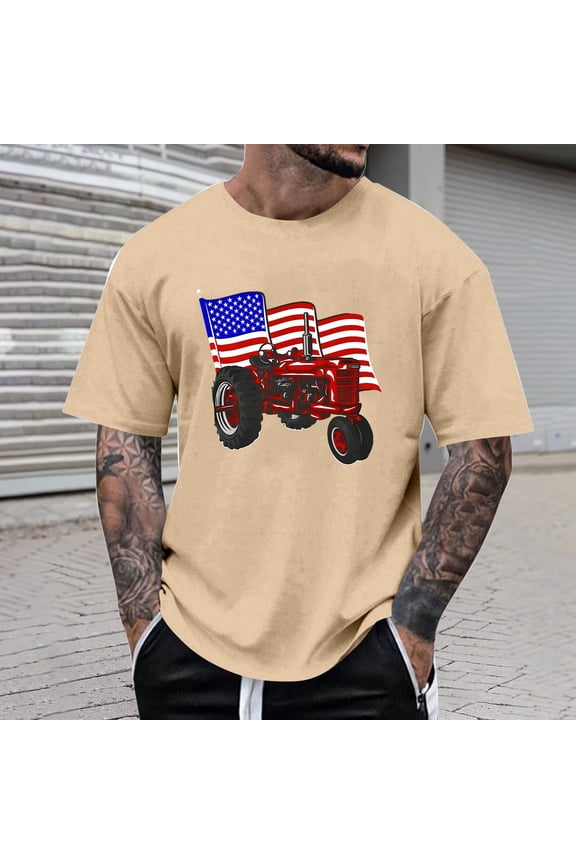 Mens Independence Day T Shirts Crewneck Patriotic And Farm Tractor Graphic Print Short Sleeve Tee Shirt For Blend Top Trend 4Th Of July Clothing Green 3Xl