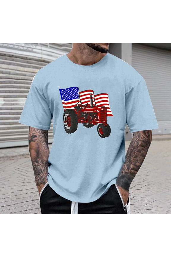 Mens T Shirt Independence Day Crewneck Patriotic And Farm Tractor Graphic Print Short Sleeve Tee Shirt For Blend Top Leisure 4Th Of July Clothing Grey 2Xl