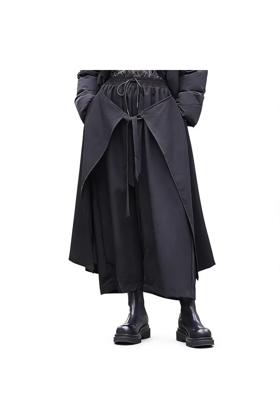 Mens Trousers Mid Waist Asymmetrical Loose Fit Drop Crotch For Dark Minimalist Wide Leg Cropped Pants Simple Wear L Black