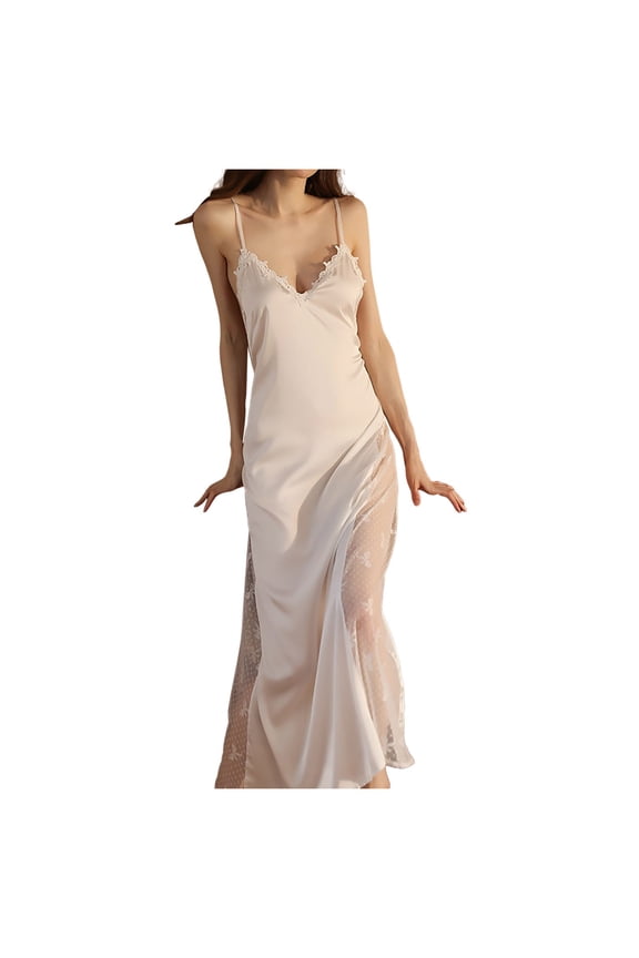 Nightgowns For Women Open Back Lace Stitching Satin Pajamas Soft Nightwear White Pjs