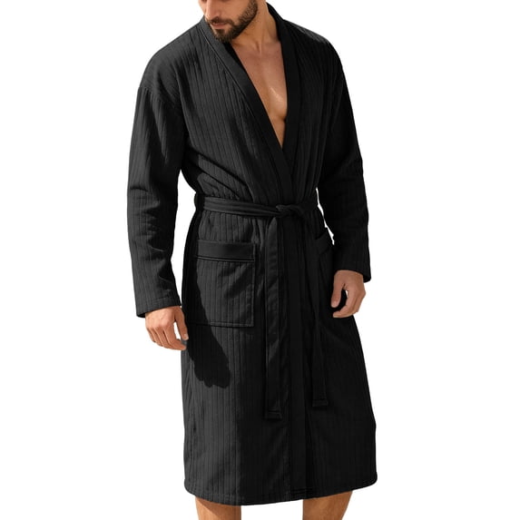 Glisme Nightwear For Men One Piece Solid Color Long Sleeve Bathrobe Summer Lightweight Comfortable Pajamas For Men Size 2XL Black