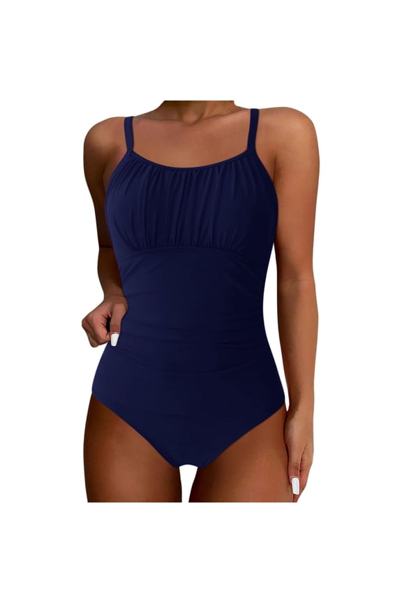 One Piece Swimsuit Women Summer Fashion One Suspender Waist Hollow Bathing Suits Solid Color Bikini Elegant Beachwear Dark Blue