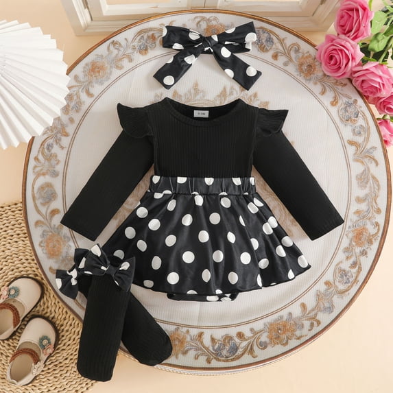 Glisme Outfits For Girls Long Sleeve Dress Graphic Prints Crewneck Bodysuits Dress Headbands Set Relax Fit Infant Daily Wear Black