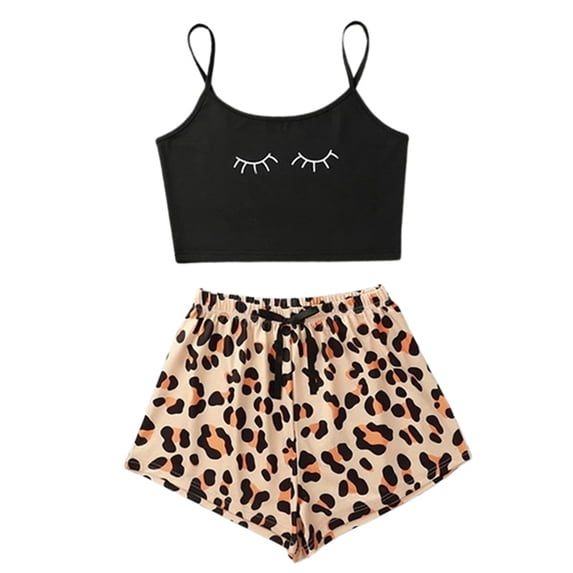 Glisme Pajamas For Women Set Printing Sleepwear Pjs Set Sleeveless Cami Shorts Slim Sleepwear Set Basic Brown Home Clothes