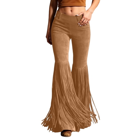 Glisme Pants For Women Solid Color Elastic Waist Summer Tassels Women Bootcut Leg Trousers Size L Khaki