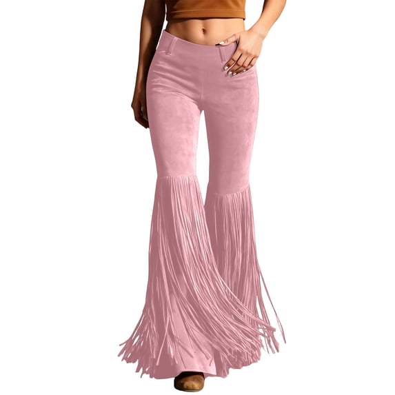 Glisme Pants For Women Solid Color Elastic Waist Summer Tassels Women Bootcut Leg Trousers Size M Pink