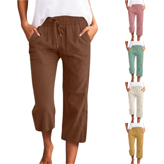 Glisme Pants For Womens Elastic Waist Relax Fit Trousers Straight Leg Slacks With Pocket Fashion Bottoms Coffee M