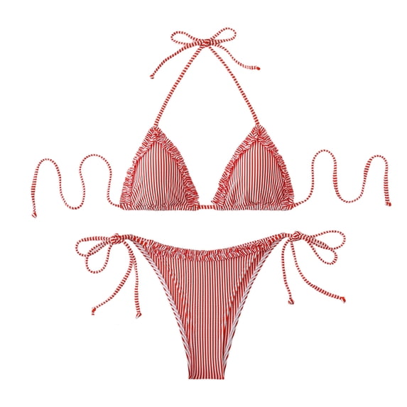 Glisme Red Bikini Sets For Women Striped Bikini Plunging Triangle Top And Tied Back Bottoms For Swimwear For Family Vacation