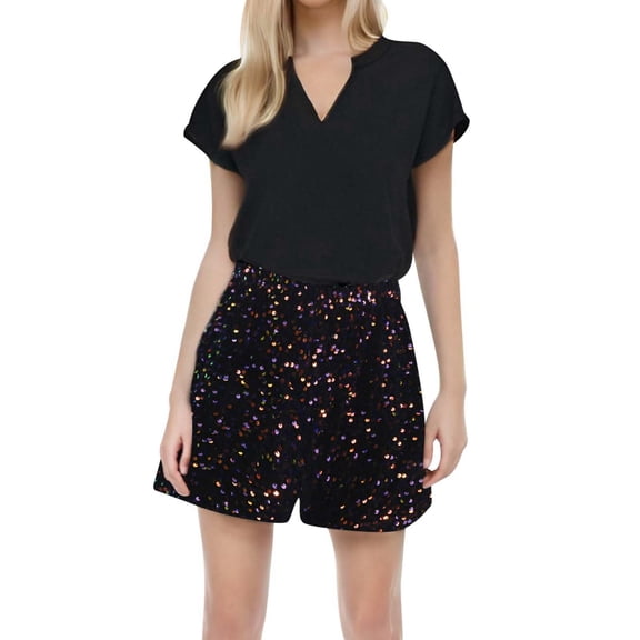 Glisme Sequin Shorts For Women Color Contrasting Elastic Spicy Girl Bead Shining Shorts Rave Bottoms Clubwear Brown