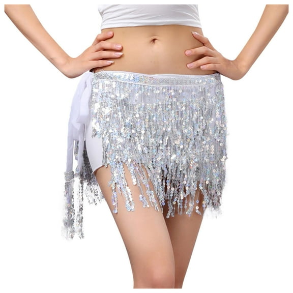 Glisme Sequin Skirts For Women Sequin Fringe Sparkly Skirt For Stage Nightclub Versatile Party Dress White