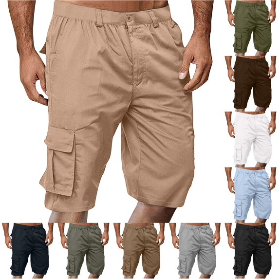 Glisme Shorts For Men High Waist Loose Fit Straight Leg Solid Color Cargo Shorts Leisure Clothes M Khaki