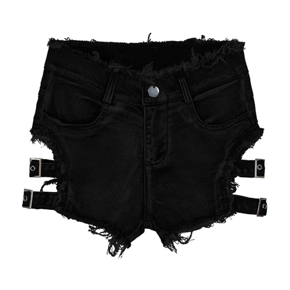 Glisme Shorts for Women Button Solid Color Elastic Waist with Pockets Distressed Summer Fashion Women Shorts Size L Black