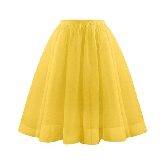 Glisme Skirts For Women Waist Pleated Mesh Skirt Soft Drape Mid Length A Line Skirt Versatile Party Dress Yellow